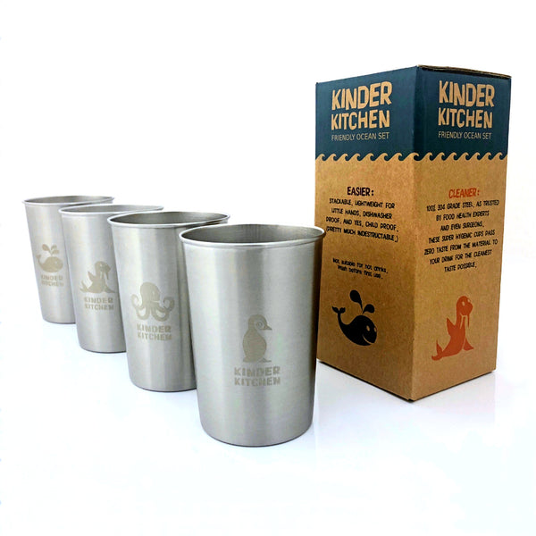 KiNDKiT Edelstahl Kinderbecher Set 280ml Meerestiere 4er Pack mit Geschenkbox