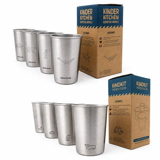 KiNDKiT Ozean-Bundle Edelstahl Kinderbecher Set 8er 280ml und 450ml Meerestiere