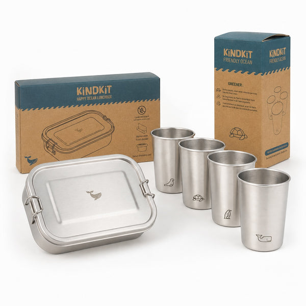 KiNDKiT Ozean-Komplettset: Edelstahl Brotdose 800ml und 4 Kinderbecher 280ml mit Verpackung