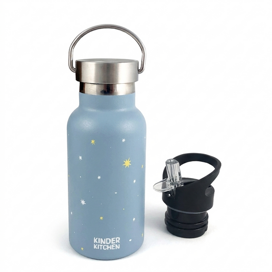 Pluseight Edelstahl Trinkflasche 450ml Für Kinder – Mit Aufklebern, Auslaufsicher, Doppelwandig Isoliert, Inkl. Strohhalm (Blau)