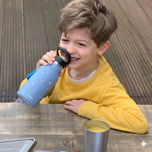 Kind trinkt aus KiNDKiT Lucky Star Trinkflasche 350ml hellblau